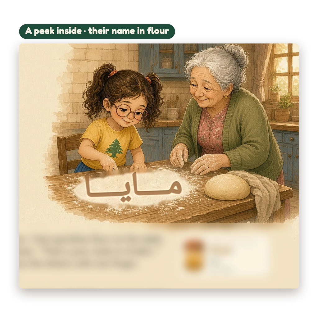 A peek inside: Teta writes the child's name in Arabic in flour on the kitchen table (text hidden)