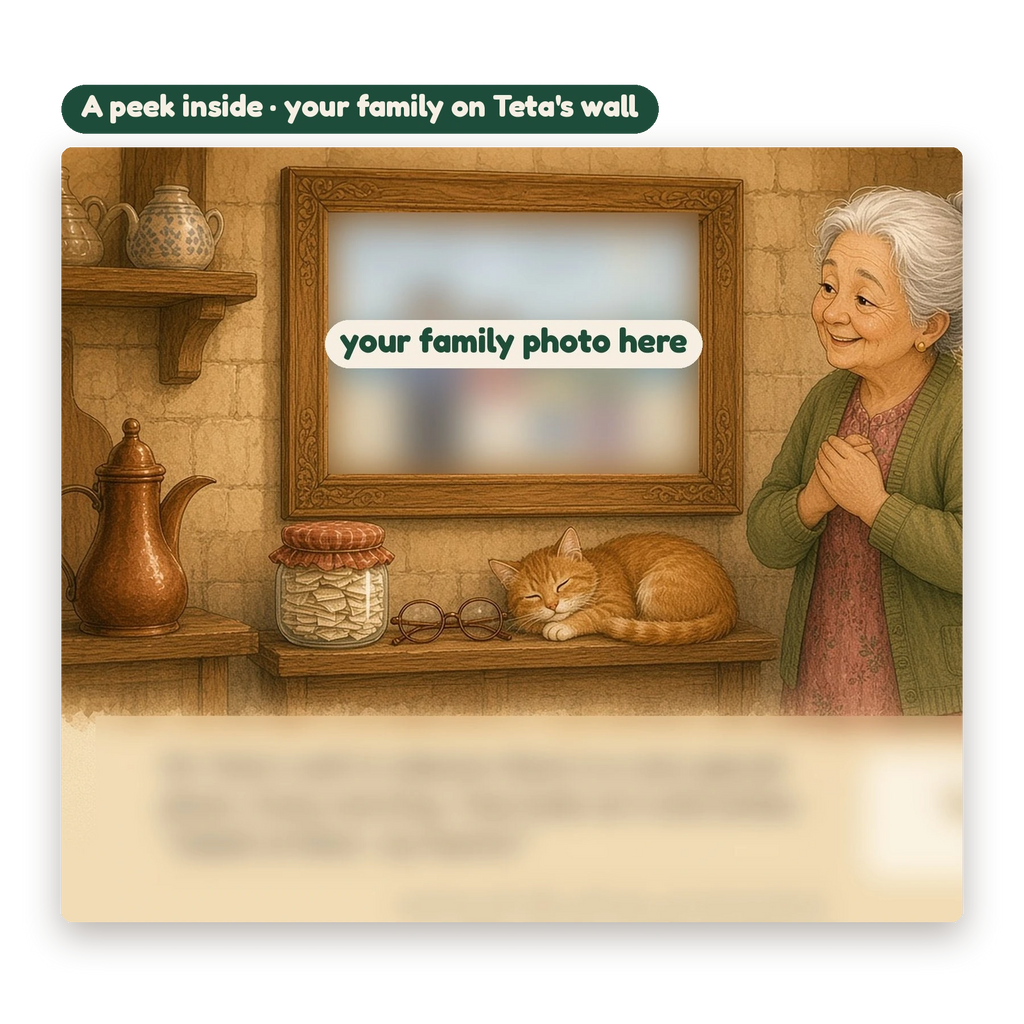 A peek inside: a framed family photo on Teta's wall, where your own family photo goes (text hidden)