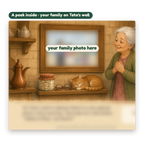 A peek inside: a framed family photo on Teta's wall, where your own family photo goes (text hidden)
